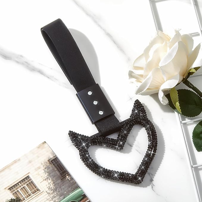 Fabbay Bling Car Accessories Bling Heart Handle Ring Car Accessory for Women Heart Hand Strap Drift Charm Rear Bumper Warning Ring Decor for auto Bus Interior Exterior Decoration (Black,Devil Style)