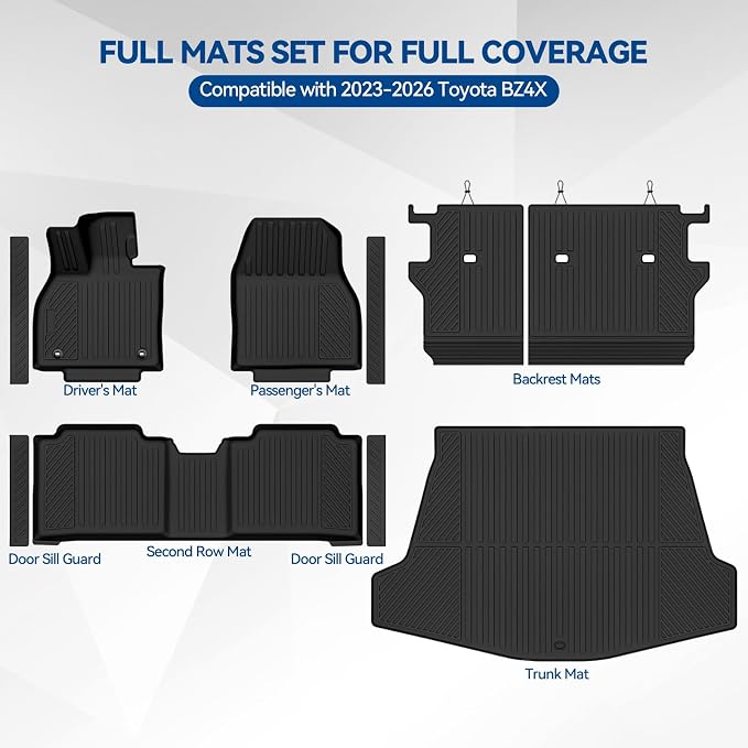 Custom Fit Floor Mats for 2023-2026 Toyota BZ4X | All Weather TPE Floor Liners & Trunk Mat & Backrest Mats & Door Sill Guard | Odorless Full Set Interior Accessories