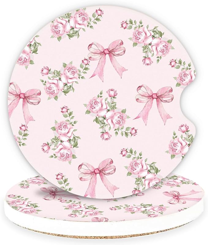 Ceramic Car Coasters – Absorbent Car Cup Holder Coaster Set for Women, Cute Aesthetic Car Accessories for Girls, 2 Pack (Blush)