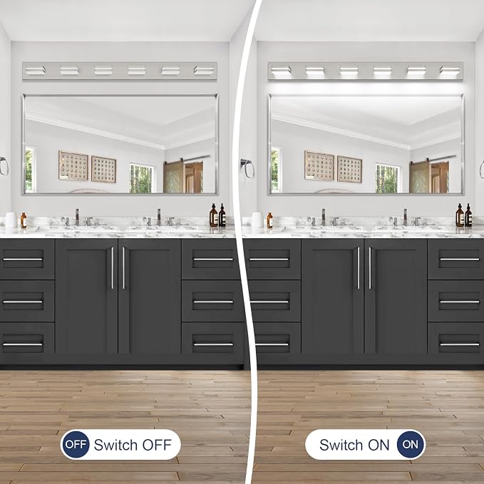 SineRise LED Modern Bathroom Vanity Light Fixtures (6-Light, 48-Inch), Brushed Nickel Modern Acrylic Bathroom Wall Lighting Fixtures Over Mirror (Cool White 6000K)