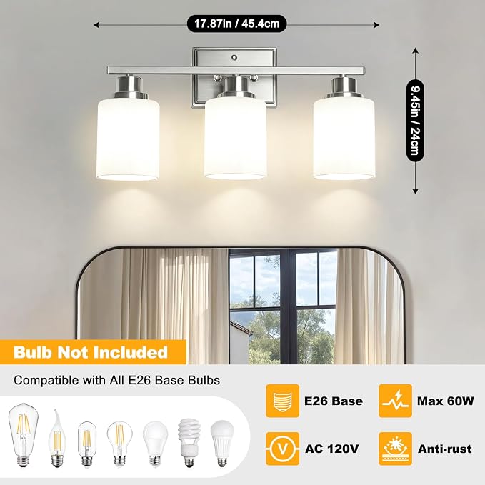 Unicozin 3-Light Bathroom Light Fixtures, Modern Brushed Nickel Vanity Light Over Mirror, Wall Sconces with Milky White Glass Shades for Living Room Bedroom Hallway E26 Base