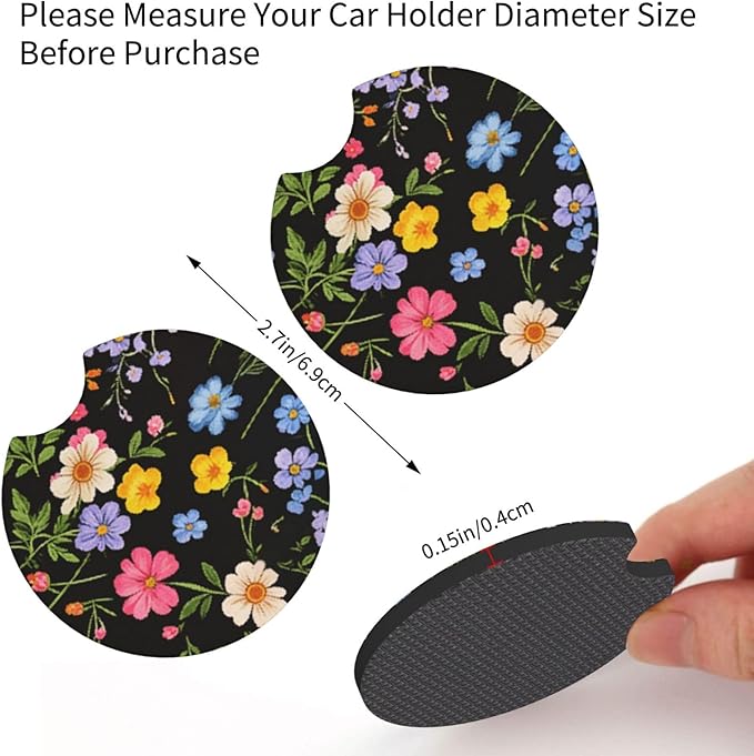 Wildflower Car Steering Wheel Cover - Multicolor Wildflower Steering Wheel Cover Anti-Slip Breathable Universal for 15 in 2 Pcs Car Interior Cup Holder Pad for Men Women