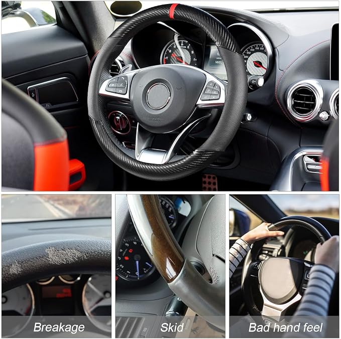 Osilly Car Steering Wheel Cover, 15 inch Anti-Slip Steering Wheel Protector, Carbon Fiber & Microfiber PU Leather Steering Wheel Cover for Women and Men, Universal Fit for Most Vehicles (Black)