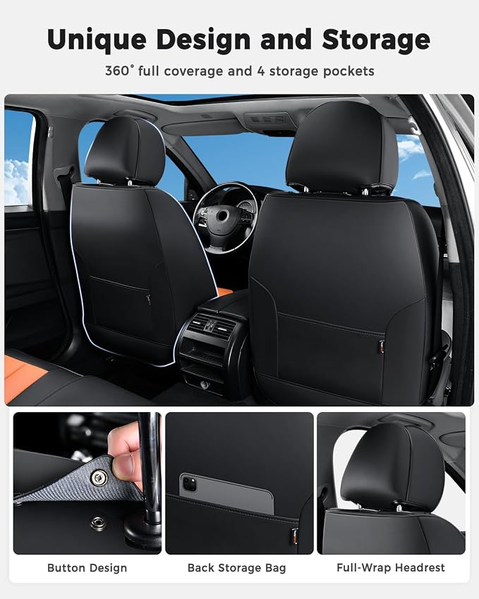 Huidasource Car Seat Covers, Universal Fit for Cars SUV Truck, Black&Orange | Full Coverage Leather Seat Cover, Airbag, Cupholder Compatible, Seat Function Retain, Easy Install with Velcro