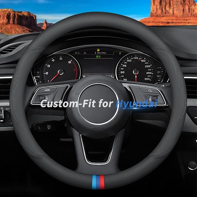 Deer Route Custom-Fit Leather Car Steering Wheel Cover for Hyundai, D-Style, Non-Slip, Breathable