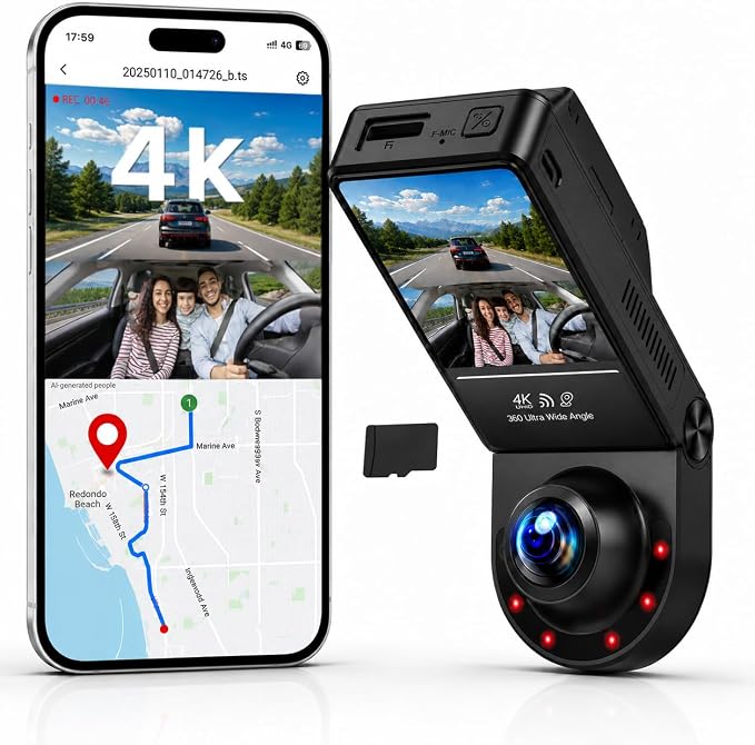 360° Dash Cam Front and Inside 4K+2.5K, 2 Channel Dashcam for Car | 185° Cabin Fisheye Car Camera with Night Vision, WiFi APP, GPS, G-Sensor, Parking Mode and 64GB Card Included