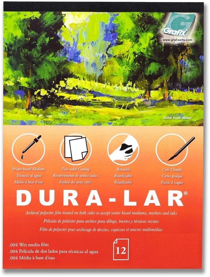 Grafix Dura-Lar 0.004" Film, Ultra Clear Wet Media 9"x12", Plastic Film Coated to Accept Water Based Mediums. Ideal for Watercolor, Painting Composition, as Painting Surface, Pad of 12 Sheets