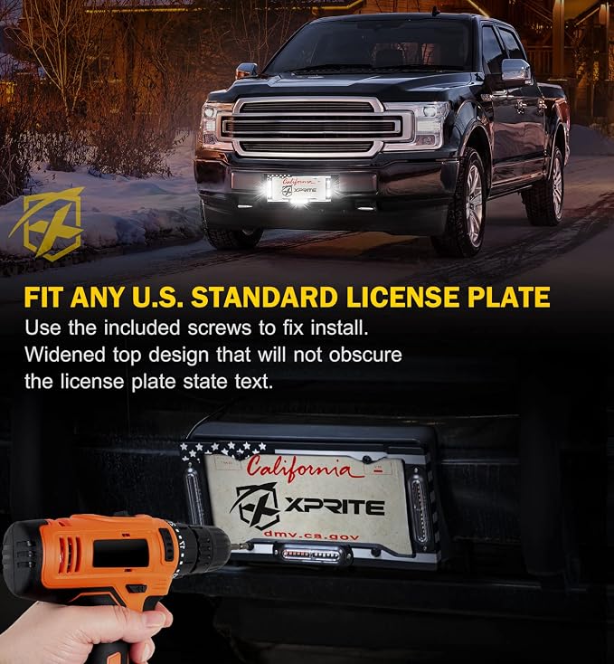 Xprite 36 LED License Plate Strobe Light, US Flag Front/Rear Utility Lights, 22 Modes Caution Frame for Construction Towing Snow Plow Pickup Work Trucks Cars - White (w/Pre-Installed 9FT Cable)