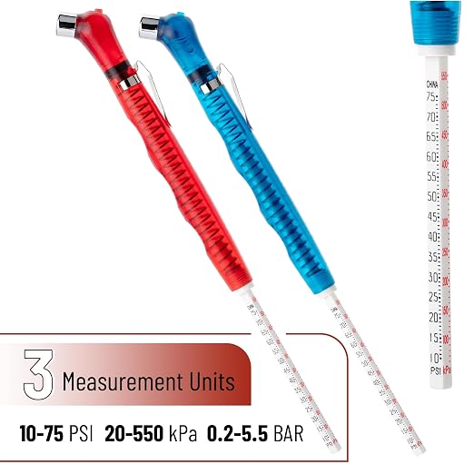 UNCO- Pencil Tire Pressure Gauge, 2 Pack Blue & Red, 10-75 PSI