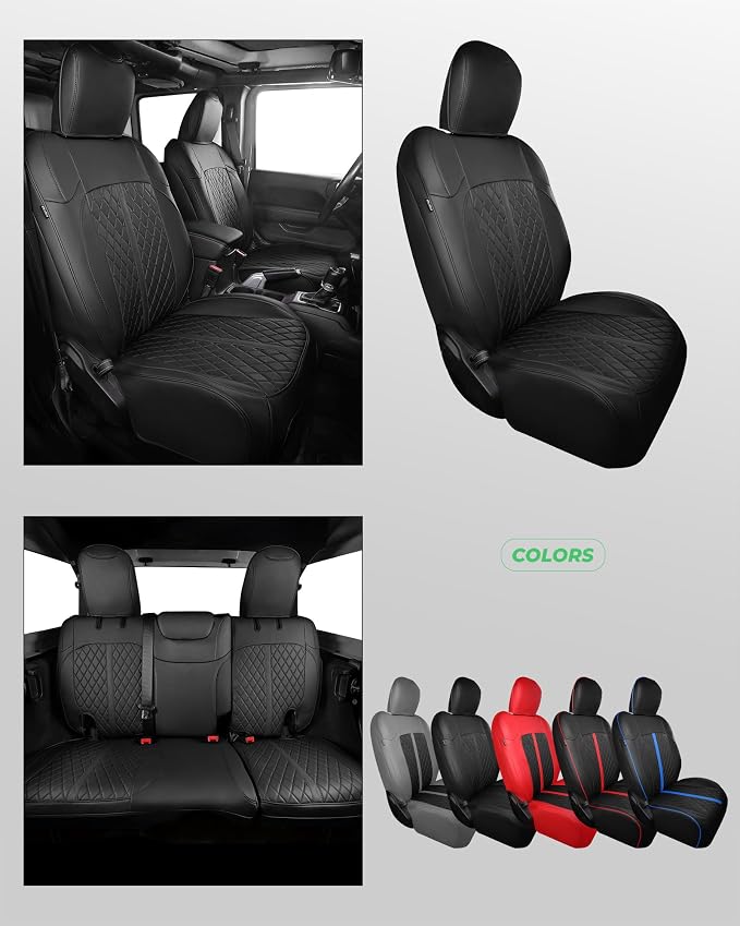 for Jeep Wrangler Seat Covers 4Door JL 2018 2019 2020 2021 2022 2023 2024 2025 2026, Custom Fit Car Seat Cover Full Set, Luxury Waterproof Leather Seat Protectors, Black, W/O Rear Cup Holder