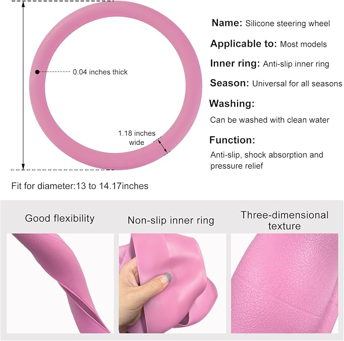 DXNQ Car Steering Wheel Cover, 13 to 14.17 inches Anti-Slip Silicone Steering Wheel Protector, Soft Flexible Shock-Absorbent Steering Wheel Protective Cover for Most Car Models (Pink)