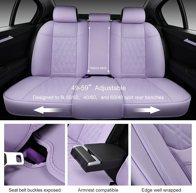 Car Seat Covers Full Set, Breathable Leather Automotive Front and Rear Seat Covers, Car Seat Protectors Full Set,Universal Automotive Vehicle Seat Cover for Most Sedan SUV Pick-up Trucks, Purple