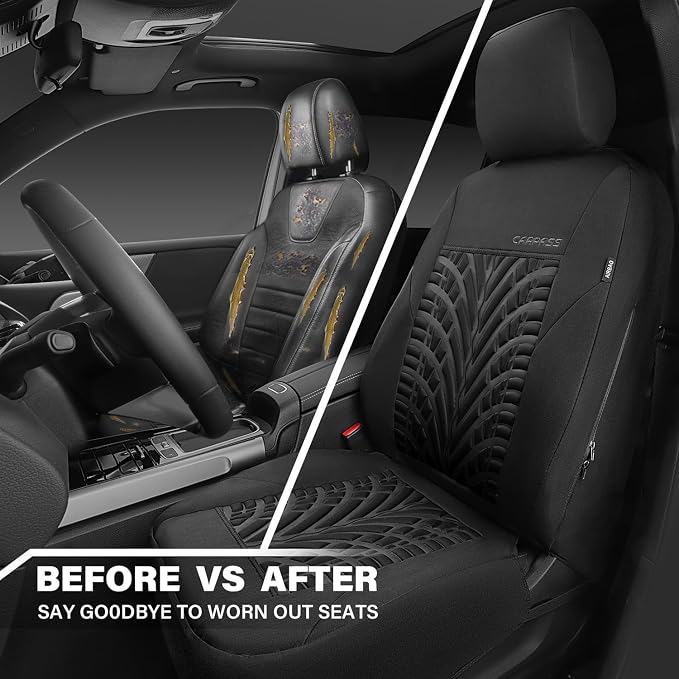 CAR PASS Neoprene Waterproof Seat Covers,Wetsuit Car Seat Covers Front Seats Universal Fit for Vans, Truck, SUV Two Front Only, 3D Tyre Embossed Anti Slip with Armrests, Airbag Compatible(Black)