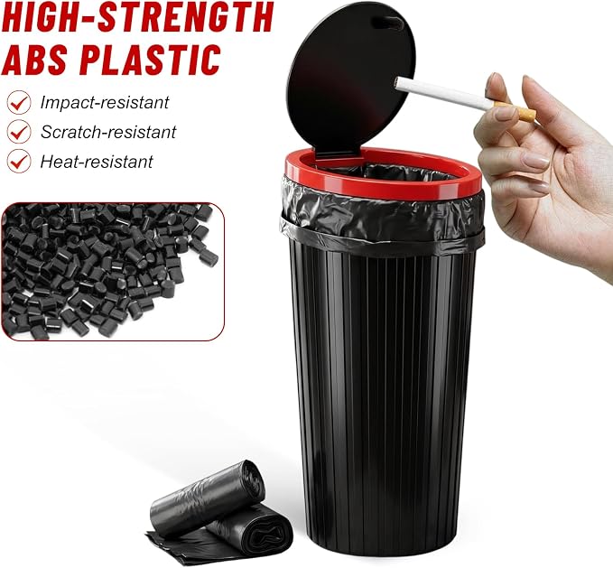 Car Trash Can with Lid, Leakproof Auto Cup Holder Garbage Can with Trash Bags, Waterproof Dustbin Container Waste Organizer for Vehicle Home Office, Car Accessories (Black & Red)