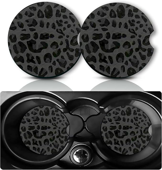 2Pcs Black Leopard Print Car Coasters,2.75" Neoprene Cup Holder Coasters | Universal Rubber Non‑Slip Mat, Drink Coaster Decor Auto Accessories Black Leopards Gifts for Women,Men