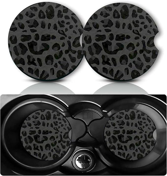 2Pcs Black Leopard Print Car Coasters,2.75" Neoprene Cup Holder Coasters | Universal Rubber Non‑Slip Mat, Drink Coaster Decor Auto Accessories Black Leopards Gifts for Women,Men