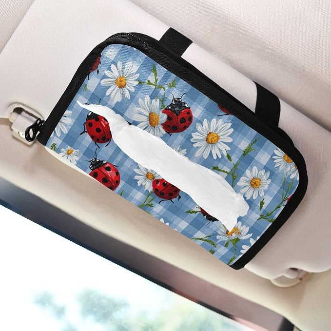 Blue Plaid Ladybugs Daisy Car Tissue Holder Durable Napkin Holder Hanging Tissue Holders Case Car Tissues Bag for Sun Visor Seat Back Universal Auto