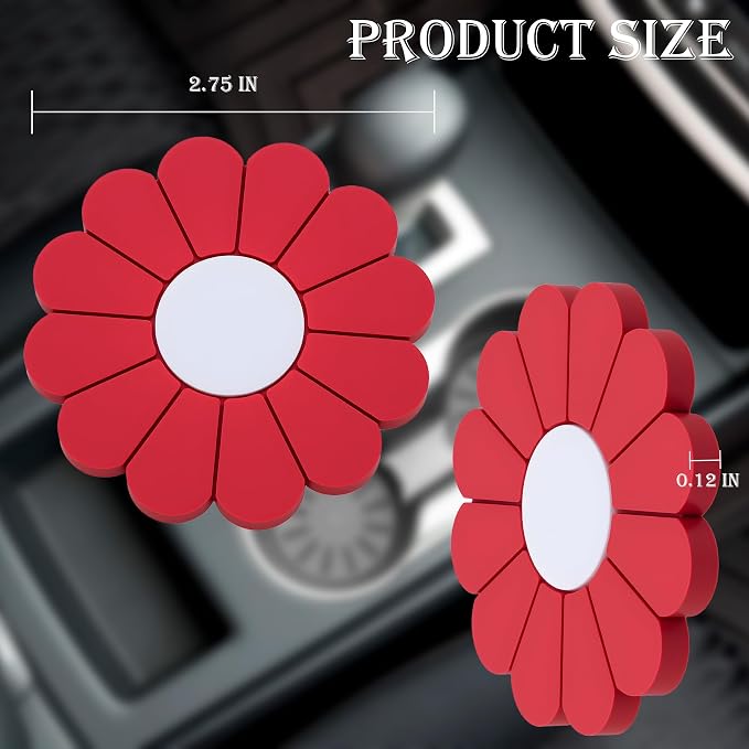 4-Pack Car Cup Holder Coaster Inserts, Daisy Shape, 2.75 Inch Non-Slip Silicone Cup Holder Insert, Universal Non-Slip Cup Holders, Car Accessories Interior for Women and Man (Red)