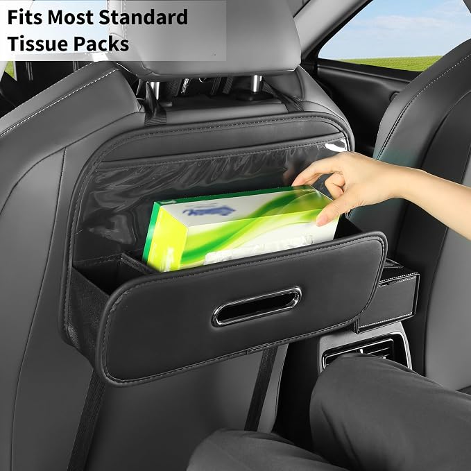 Back Seat Car Organizer with Tissue Holder and 2 Pack Cup Holders | Multifunctional Car Backseat Organizers and Storages with Transparent Bag & Hooks Universal Tissues Box for SUV Sedan Van