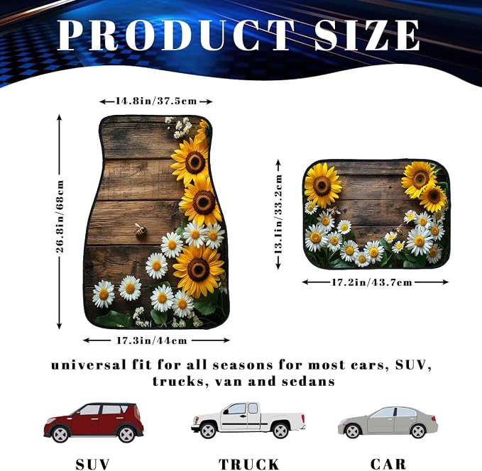 Sunflower Car Floor Mats Set of 4 Vintage Daisy Bee Wood Rustic Automotive Foot Mats Rugs Carpet for Car Non-Slip Auto Car Accessories Universal Fit Car Accessories for Truck