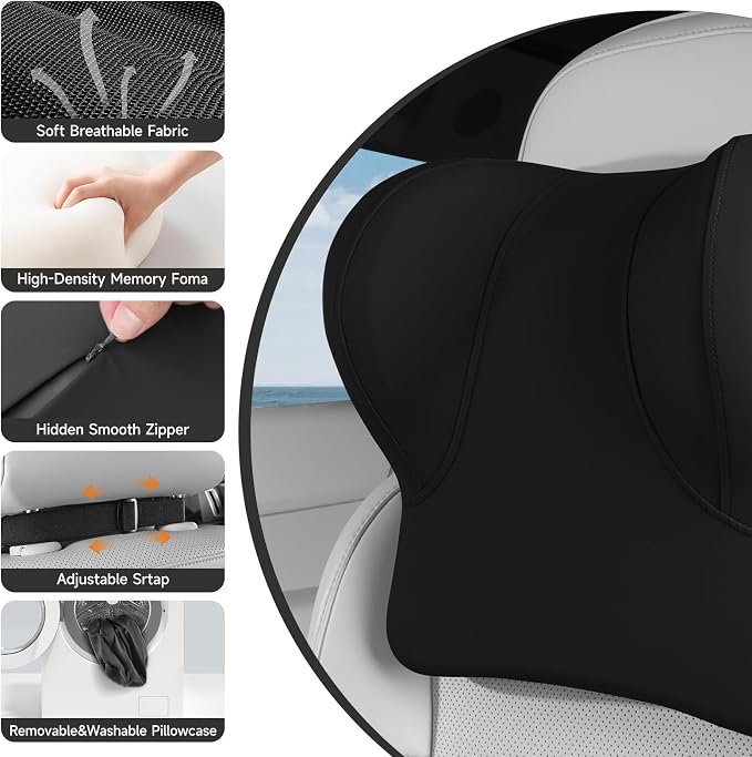 BEBAS Car Headrest Pillow, Ergonomic Memory Foam Car Neck Pillow for Driving, Neck Support Pillow with Breathable Removable Cover, Headrest Support Cushion for Pain Relief, Fits All Vehicles(Black)