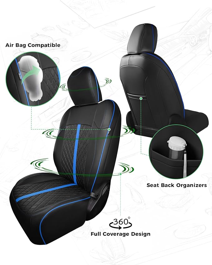 for Jeep Wrangler Seat Covers 4Door JK 2013 2014 2015 2016 2017, Custom Car Seat Cover Full Set, Luxury Leather Seat Protectors, Waterproof SUV Interior Cushions Accessories, Black Blue Trim