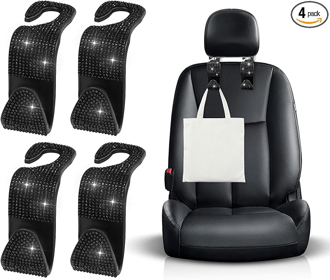 Ohleats 4 PCS Bling Car Seat Headrest Hooks, Crystal Rhinestone Back Seat Hanging Storage Organizer, Vehicle Seat Hanger Holder for Purse Handbag Coat, Interior Car Accessories (Black)