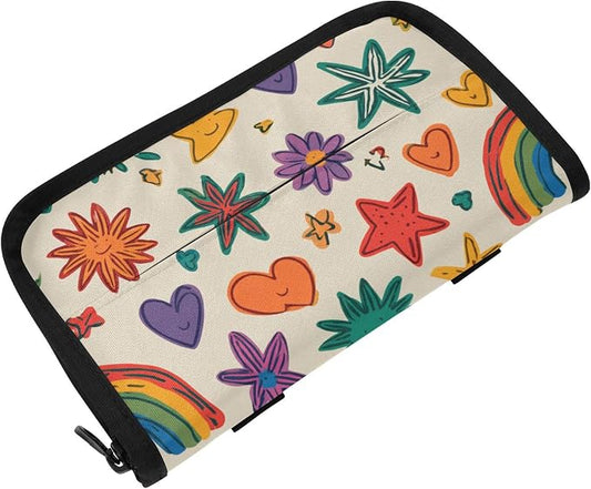 Car Visor Tissue Holder Mask Holder for Car, Car Tissue Box Sun Visor Napkin Holder Car Visor Accessories Adjustable Straps Reusable Durable Easy to Install Beige Doodle Star Heart Rainbow