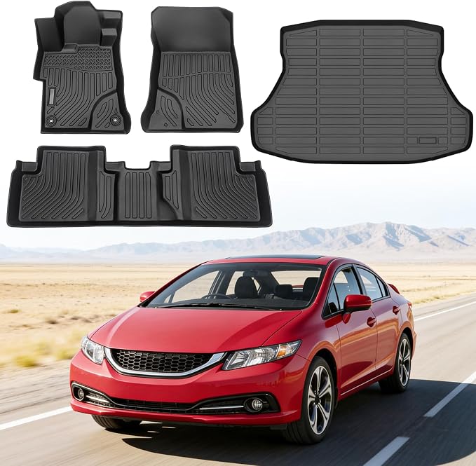 Floor Mats for Honda Civic & Civic Si 2012-2015 (for Sedan, Not for Coupe) | Custom Fit Heavy Duty TPE All Weather Protection, Waterproof Non-Slip Black (Two-Row Floor Mats & Cargo Liner)