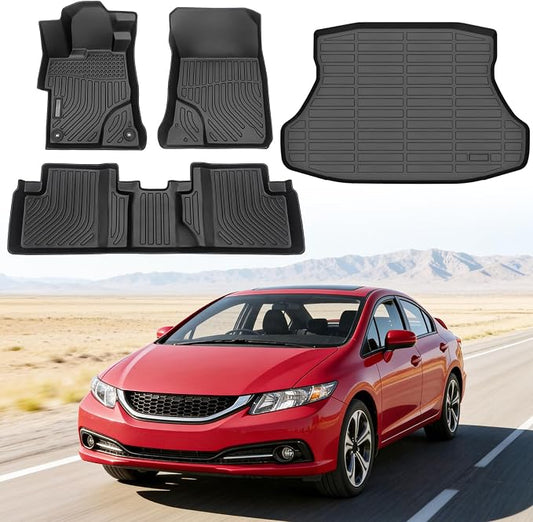 Floor Mats for Honda Civic & Civic Si 2012-2015 (for Sedan, Not for Coupe) | Custom Fit Heavy Duty TPE All Weather Protection, Waterproof Non-Slip Black (Two-Row Floor Mats & Cargo Liner)