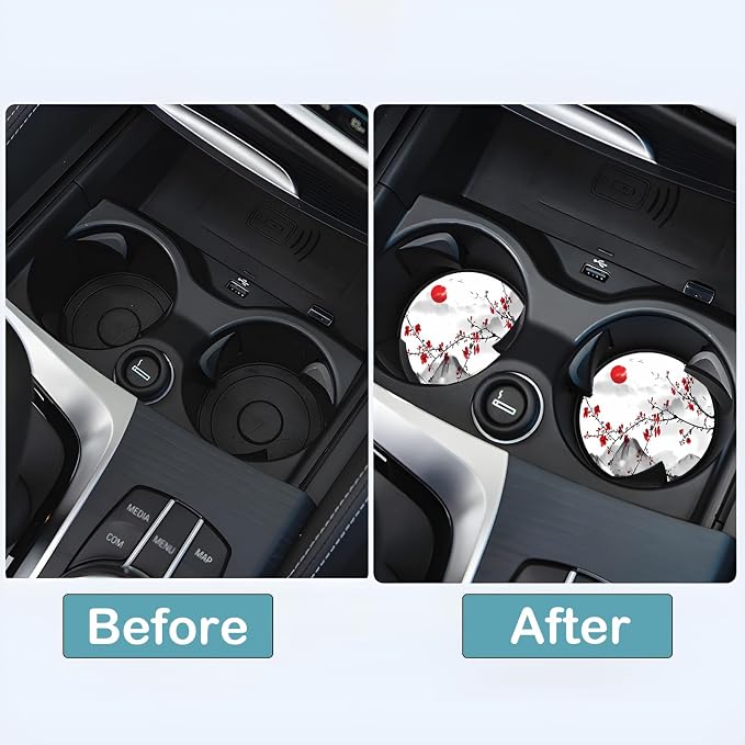 Car Cup Holder Coasters, 2 Pack – 2.75" Universal Auto Anti-Slip Insert Coaster, Rubber Car Coasters, Personalized Car Accessories for Women & Men (Watercolor Cherry)