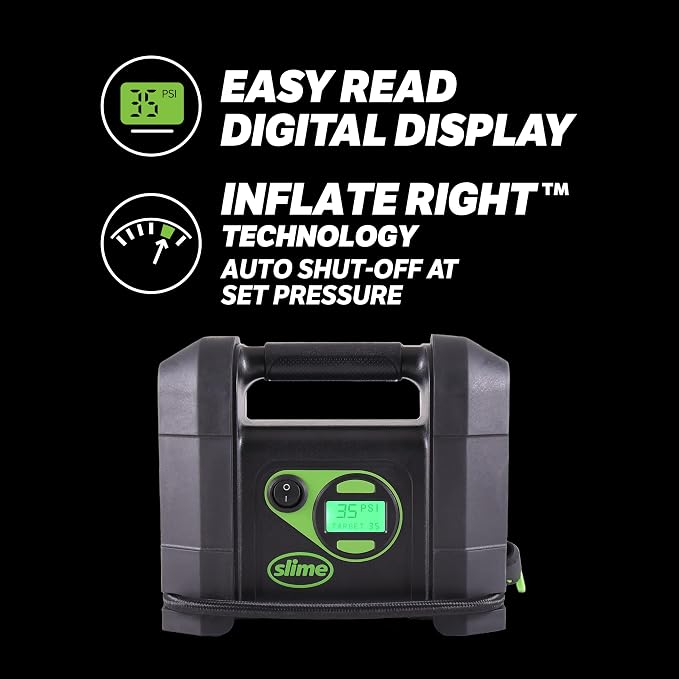 Slime 40047 Tire Inflator, Portable Car Air Compressor, Rugged, Inflate Right automatic shut off, with Digital 99 psi Display, Long Hose and LED Light, 12V, 4 min inflation