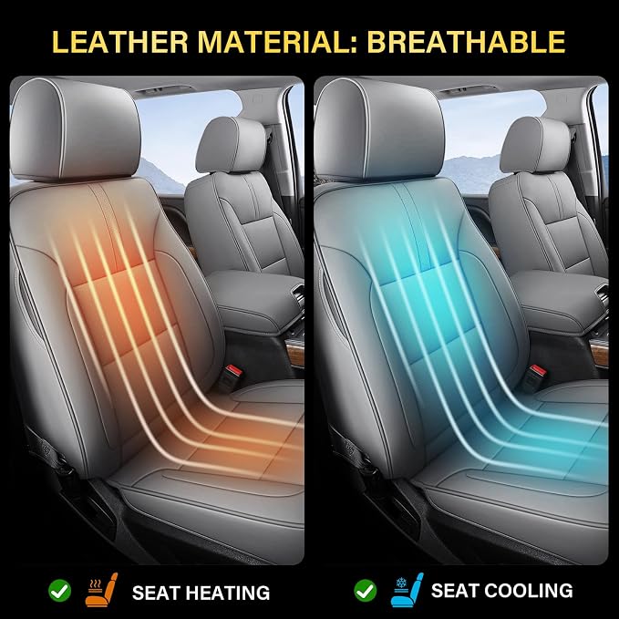 Coverado Chevy Silverado Seat Covers Full Set, Faux Leather Car Seat Covers Fit for 2014-2018 1500, 2015-2019 2500HD 3500HD Chevy Silverado GMC Sierra Crew Double Extended Cab (Gray)