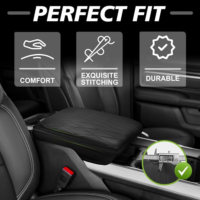 Muslogy Center Console Armrest Cover Fit for Ram 1500 2500 3500 2019-2026 Accessories, Comfort Armrest Pad Console Lid Cushion Vegan Leather 1-Inch Extra Thick, Bucket Seat ONLY (V2 Diamond Pattern)