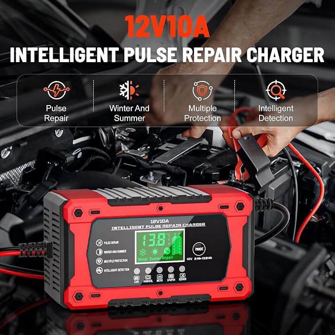 10A 12V Battery Charger for Car Fully Automatic Smart Trickle Charger & Maintainer with LCD Display, Temperature Compensation for Truck, Motorcycle, Boat, Lawn Mower