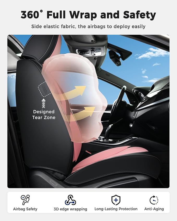 Huidasource Car Seat Covers, Universal Fit for Cars SUVs Trucks, Black&Pink | Full Coverage Leather Seat Cover, Airbag, Cupholder Compatible, Seat Function Retain, Easy Install with Velcro
