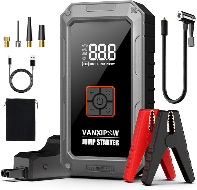 M1 6000A Car Battery Jump Starter with Air Compressor 150PSI (9.0 L Gas/8.0L Diesel), Portable Car Jump Starter Power Pack, Battery Charger 12V Jump Box with LED Light, Large LED Display, Power Bank