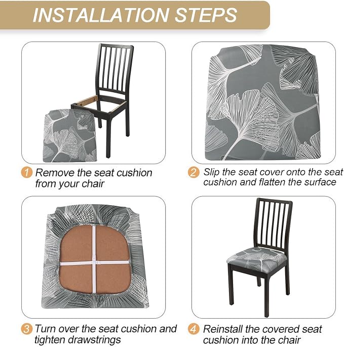 SearchI Seat Covers for Dining Room Chairs Printed Chair Seat Covers 4 Pack | Stretch Removable Washable Upholstered Chair Seat Protector Cushion Slipcovers for Kitchen(Ginkgo Leaf Pattern)