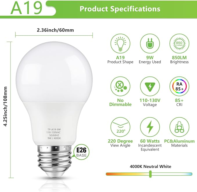 Maylaywood A19 LED Light Bulbs, 60 Watt Equivalent, 4000K Neutral White, 850LM, Non-Dimmable, E26 Base, 9W Bright White LED Bulbs, 4-Pack