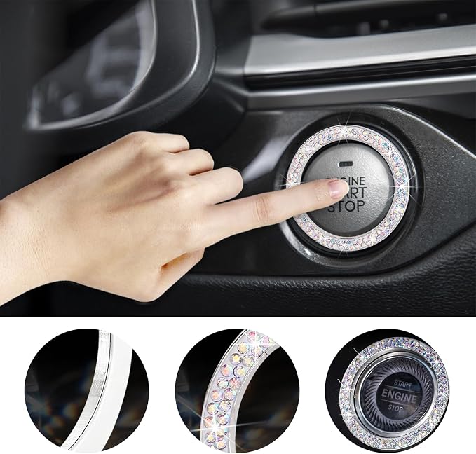 Kewucn Bling Crystal Double Rhinestone Car Engine Start Decoration Ring, Sparkling Push Start Button Sticker, Key Ignition & Knob Ring Decoration, Bling Car Interior Accessory(AB)