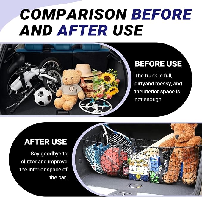 Car Cargo Net, Expandable 3 Pocket Trunk Organizer Mesh, High-elastic Storage Net with 4 Carabiners, Universal Storage Accessoryfor Car, SUV, Pickup Truck (Black)