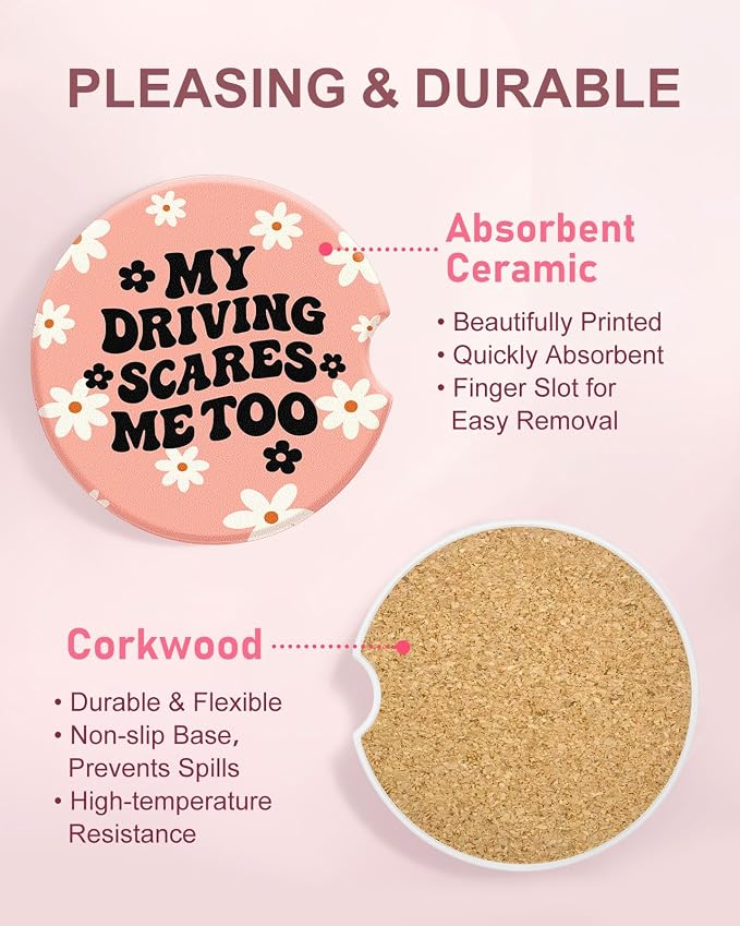 Swooflia 2 Pack Absorbent Ceramic Car Coasters for Women - 2.55 Inch Floral Pink Funny Quote Car Cup Holder Coasters with Cork Base, Funny Car Accessories, New Driver Gifts