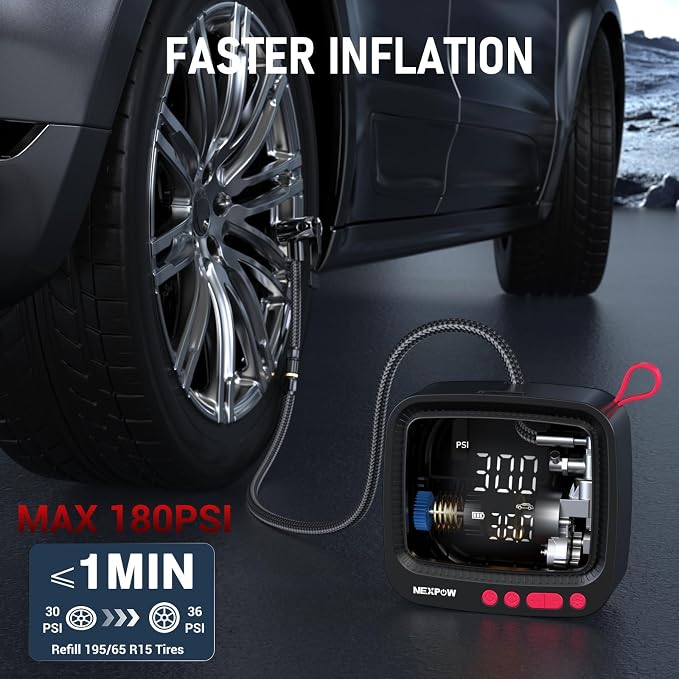NEXPOW Tire Inflator Portable Air Compressor | Air Pump for Car Tires, 12V DC Power Adapter, 180PSI Electric Tire Pump, Digital Pressure Gauge