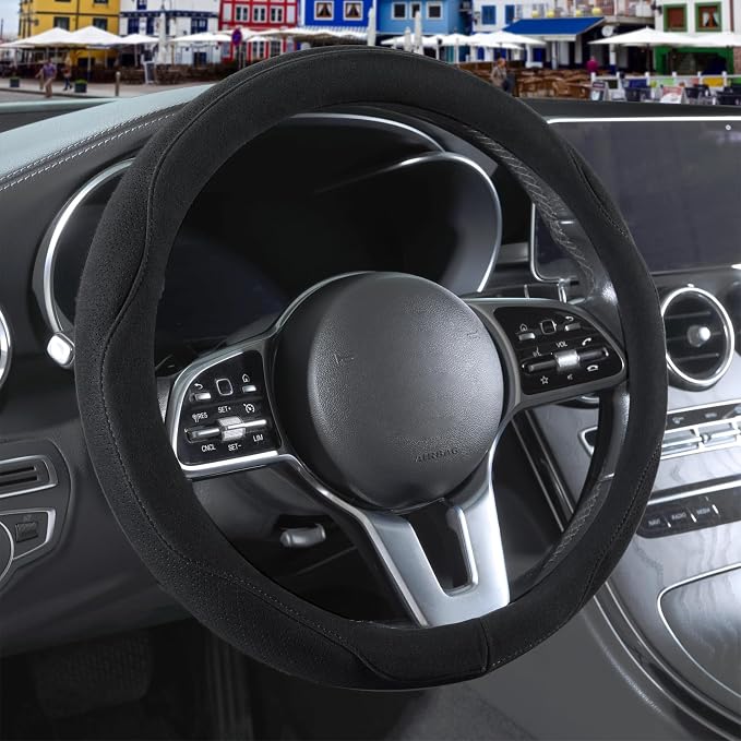 Black Suede Steering Wheel Cover Large 15.5 inch to 16 inch | Warm in Winter and Cool in Summer, Breathable Non-Slip Sweat-Proof Wear-Resistant for Model X Model S Ford F150 F250 F350