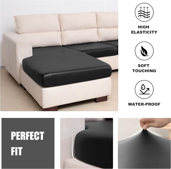 Yates Home 3 Piece Sectional Couch Covers - L Shape Sofa Cushion Covers with Separate Cushions for Both Left/Right Chaise (2 Seater + 1 Chaise, Black PU Leather Slip Cover)