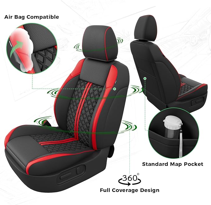 Custom Seat Covers for Tacoma 2016-2023 3rd Gen Double Cab SR5/TRD Off-Road/SR/TRD Sport/TRD PRO Full Set with Console Covers, Waterproof Leather Back and Front Seat Protectors Black Red