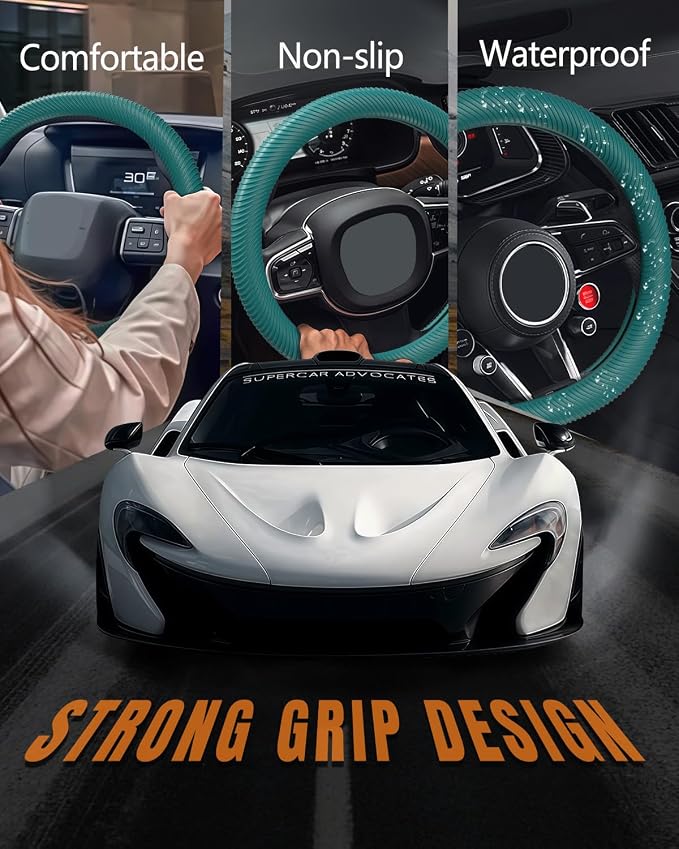 WOCOCN Car Steering Wheel Cover, Thin Anti-Skid Silicone Steering Wheel Cover for Men & Women, Universal Automotive Interior Accessories for Most Cars (Dark Green)