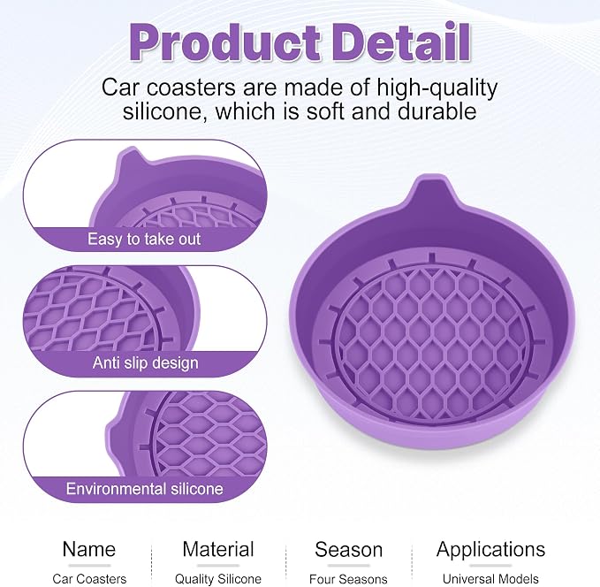 SINGARO Car Cup Holder Coaster, Silicone Cup Holder Insert, Universal Non-Slip Cup Holders, Car Accessories Interior for Women and Man 4 Pack Light Purple