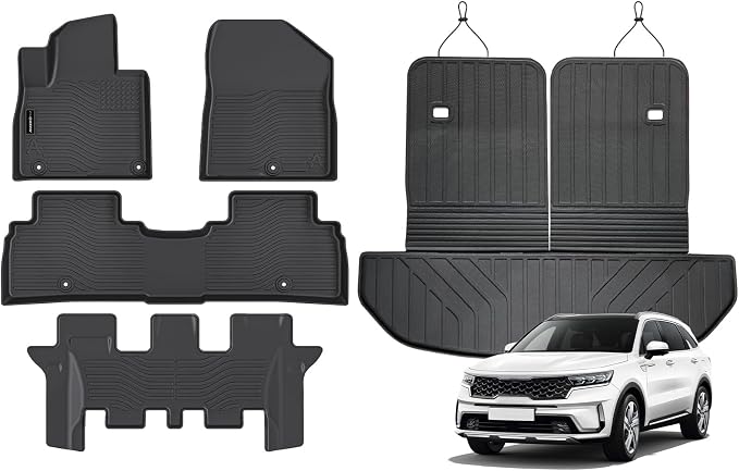 Auxko All Weather Floor Mats Cargo Mat for Kia Sorento 7 Seats 2016-2020 with Backrest Mat TPE Liners All Season Accessories Guard Odorless Anti-Slip Floor Liners Trunk Tray