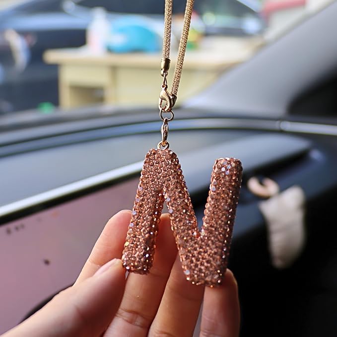 Bling Car Accessories for Women Letter Charm, Rainbow Crystal Rearview Mirror Pendant, Cute Diamond Rhinestone Car Decor, Lucky Gift for Women(N, Champagne Gold)